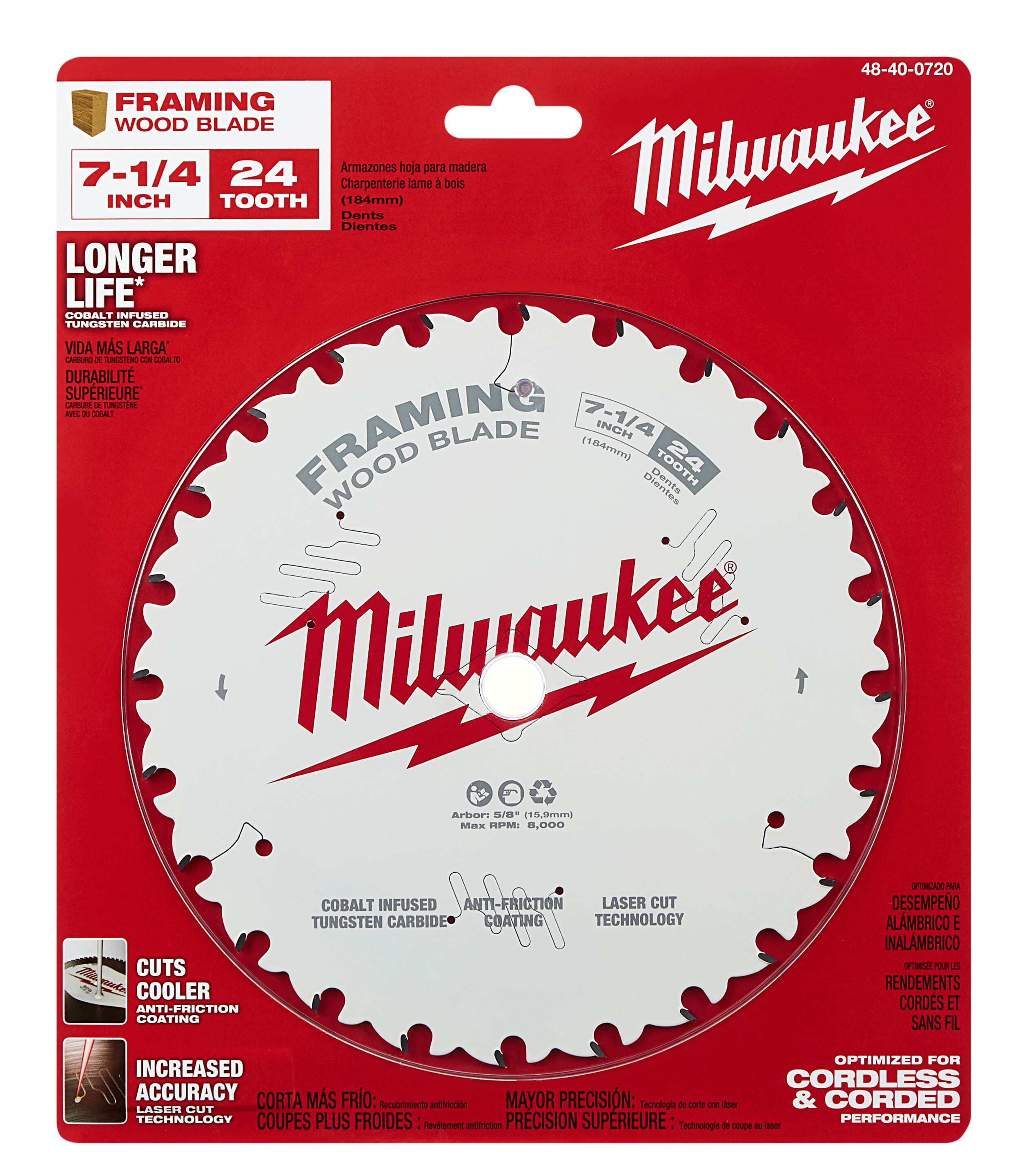 Milwaukee® 48-40-0720 Framing Thin Kerf Circular Saw Blade, 7-1/4 in Dia x 1.05 in THK, 5/8 in Arbor, 24 Teeth
